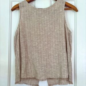 DREW Beige Striped Linen-Blend Fringe Hem Tank Top